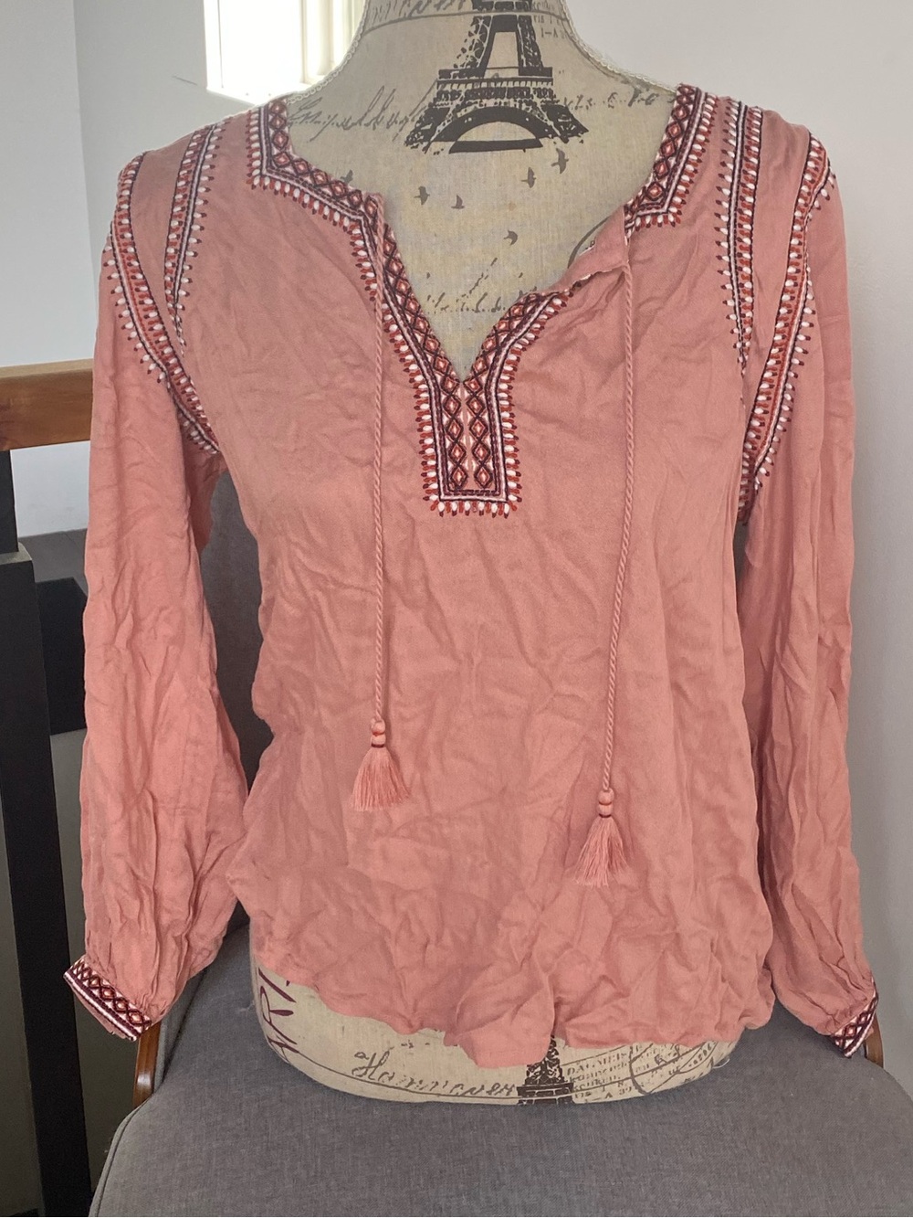 Lucky Brand Dusty Rose Embroidered Peasant Blouse